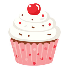 Cupcake dessert sweet treat, pink wrapper cupcake with white frosting cherry topping and sprinkles in flat vector cartoon style for bakery snack and party design

