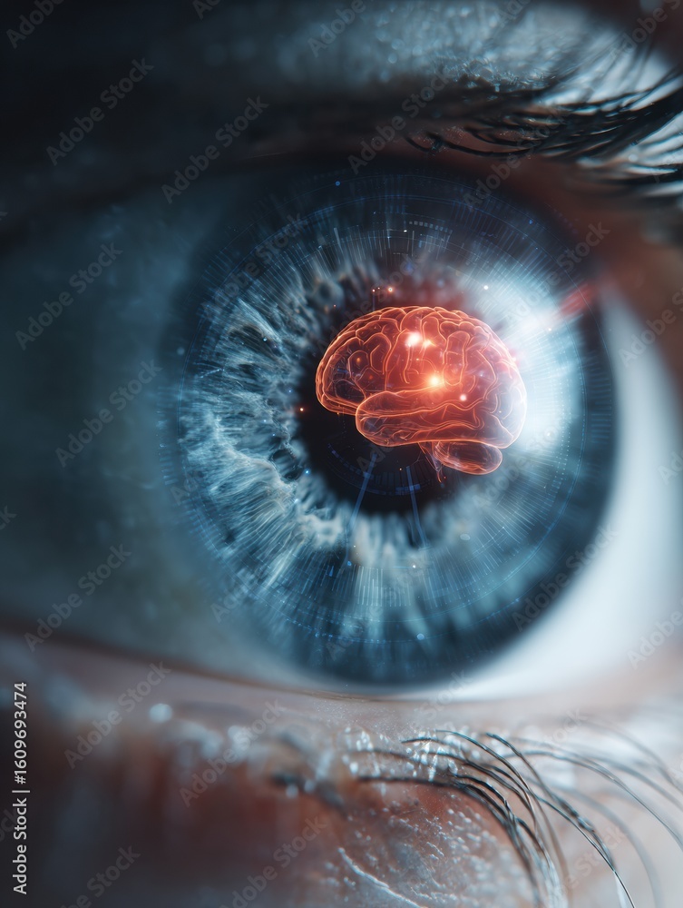 Poster eye-shaped lens focusing on glowing brain icon with blurred background highlights the connection bet