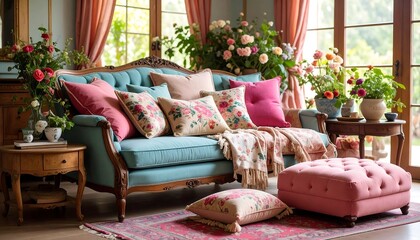 Cozy living room with floral accents