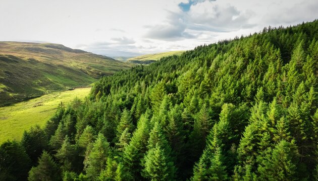 aerial view of a forest of green trees on the mountain green scottish forest highlands - Powered by Adobe