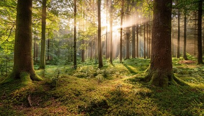 Obraz premium serene forest scene with sunlight rays filtering through trees for a tranquil natural atmosphere