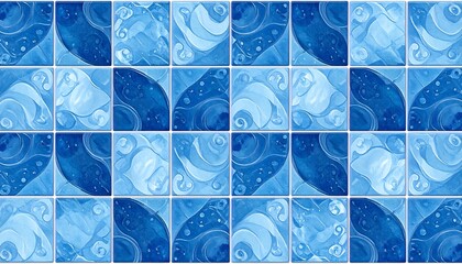 Abstract blue tile pattern with swirls and curves