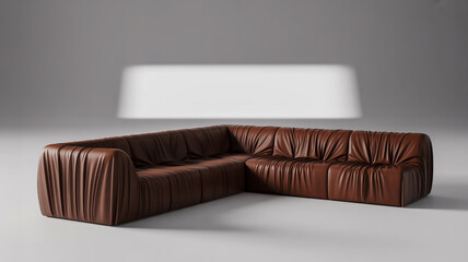 Fototapeta premium A modern L-shaped sectional sofa in rich brown leather with distinctive tufted pleating