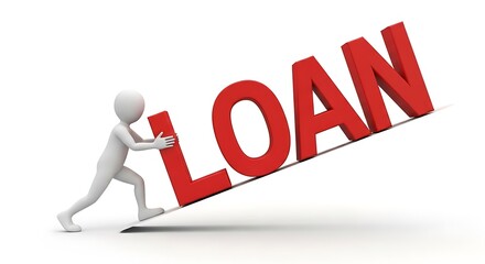 A 3d figure struggles to push the word loan uphill, representing financial debt