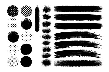 Set of artistic black grunge brush strokes, circles, and abstract paint splatter elements. Transparent Background Png image Isolated on white background