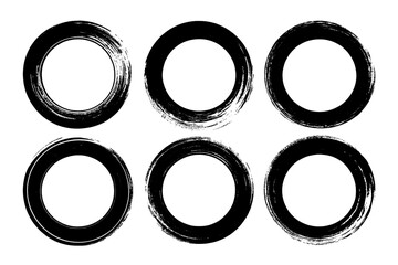 Collection of six black grunge circles with a hand-painted brush stroke texture, round distressed frames. Transparent Background Png image Isolated on white