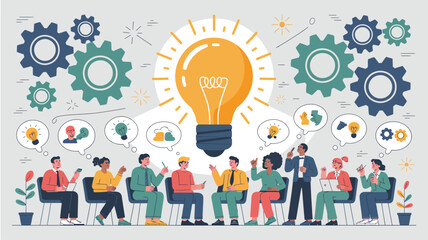 Group brainstorming session with light bulb and gears, symbolizing innovation, creativity, collaboration, and shared idea generation