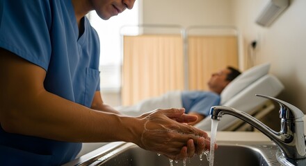 Healthcare professional washing hands under running water with patient in bed in the background in a hospital room setting.
