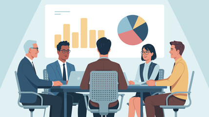  Business team meeting with bar and pie charts on presentation screen, professionals seated at table discussing data in modern office setting