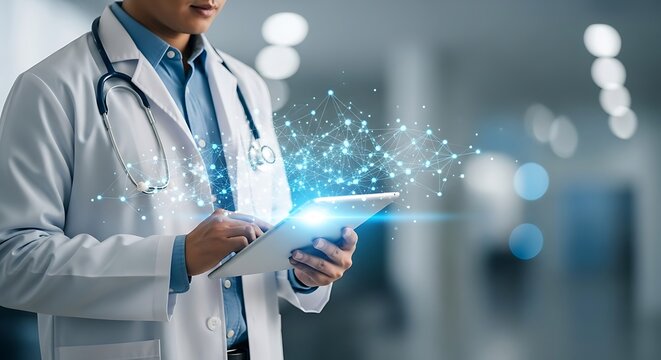 Doctor uses tablet with glowing digital network overlay