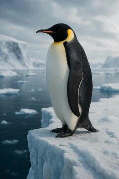 A majestic emperor penguin surveys the frozen landscape, perched atop an icy precipice, under a dramatic, cloudy sky.