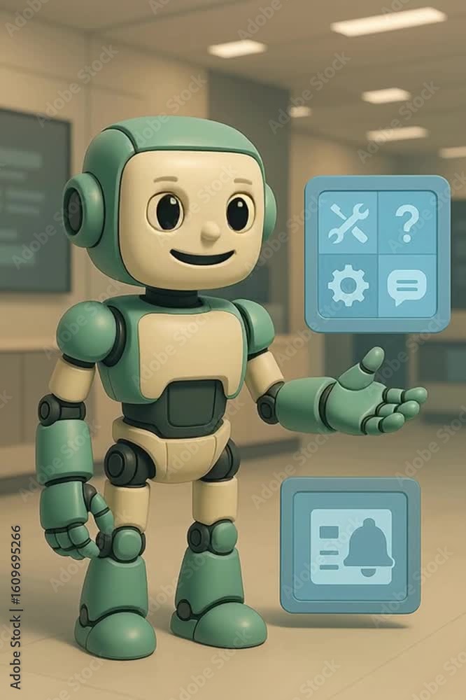 Aufkleber a friendly robot, a beacon of technology, gestures towards interactive interface options, ready to a