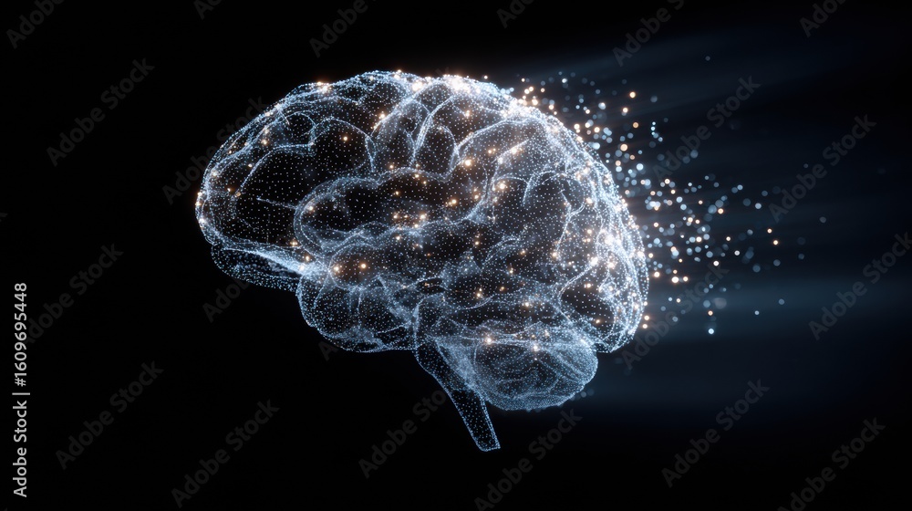 Poster glowing particles form an intricate brain design with dark background and untouched right side showc