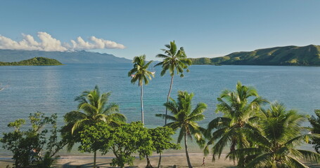Fiji islands: Aerial footage of a Fiji tropical beach with palm trees, turquoise water and small islands in the South Pacific Ocean, creating a breathtaking view of paradise. Drone flight