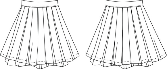 Cad drawing flat vector illustration of pleated skirts, fashion sketch, technical garment design, minimal line art, sewing detail front view