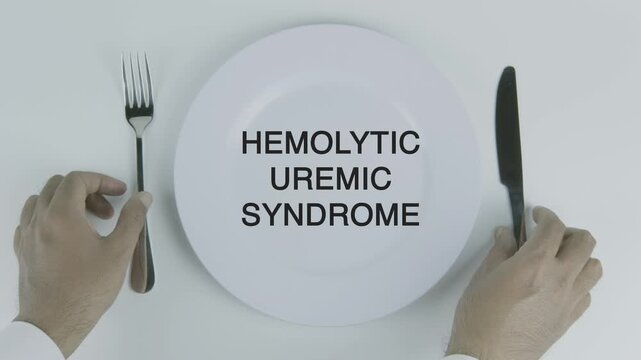 Hemolytic Uremic Syndrome word on a plate with hands holding fork and knife on white background, symbolizing foodborne illness, health risk, and medical awareness concept illustration