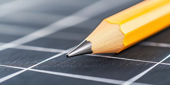 A close-up of a sharpened yellow pencil resting on a black grid notebook or planner surface.