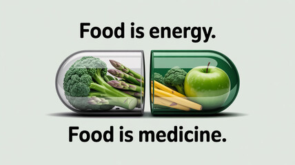 A digital illustration of a transparent capsule pill filled with fresh green vegetables and fruits.