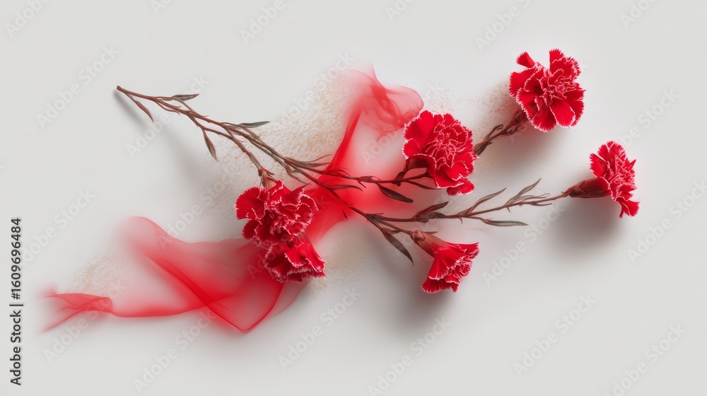 Poster bouquet of red carnations is displayed on a white background. the flowers are arranged in a way that
