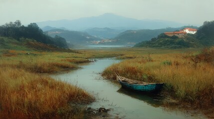 Boat is floating in a river with a house in the background. The scene is peaceful and serene, with the boat and the house adding a sense of calmness to the image