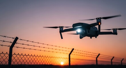 Drone flies over barbed wire fence at sunset