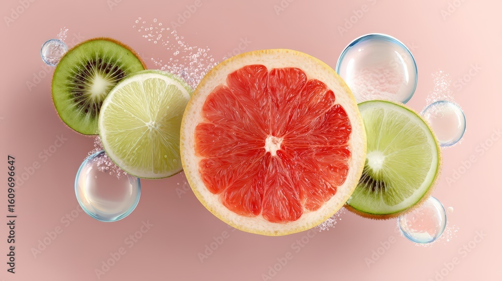 Poster close up of a grapefruit and a lime with a few other fruits in the background. concept of freshness 