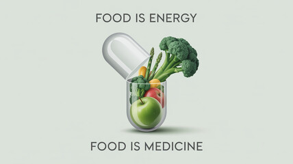 A digital illustration of a transparent capsule pill filled with fresh green vegetables and fruits.