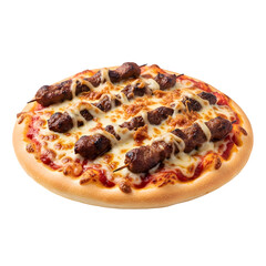 A pizza topped with tomato sauce, cheese, and grilled meat skewers, isolated on a white background.