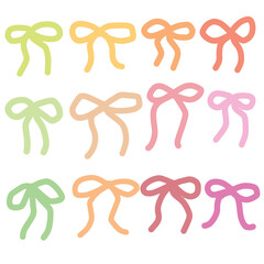 Colorful ribbon and bow decoration and gift. Various doodle bow ribbon isolated on white background.