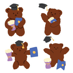 Graduation celebration of bear with various pose. Hand drawn cute teddy bears with cap, flower and degree for school celebration. 
