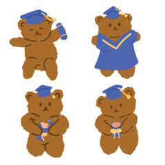 Graduation celebration of bear with various pose. Hand drawn cute teddy bears with cap, flower and degree for school celebration. 