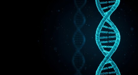 Futuristic 3d illustration of glowing light blue DNA helix, genetic code on black background with free space for text.