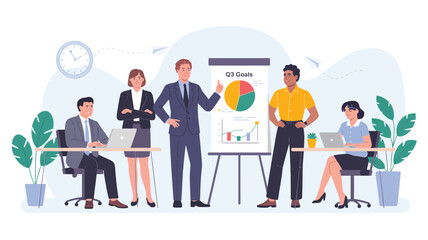 Team presentation in office with flip chart showing pie, bar, and line graphs, highlighting data analysis, teamwork, and strategic planning