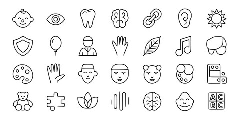 Childhood Development Icons: A simple line art illustration depicts a comprehensive set of icons representing key aspects of child growth, including cognitive, sensory, and emotional development.