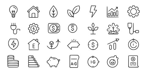 Energy Efficiency Icons: A minimalist line art illustration depicts a comprehensive set of energy-saving, eco-friendly, and cost-effective icons.
