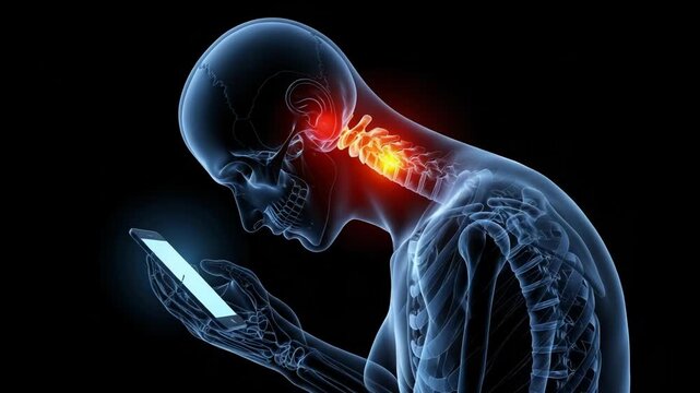 Anatomical xray of a human skeleton showing pain and inflammation in the cervical spine due to prolonged smartphone use