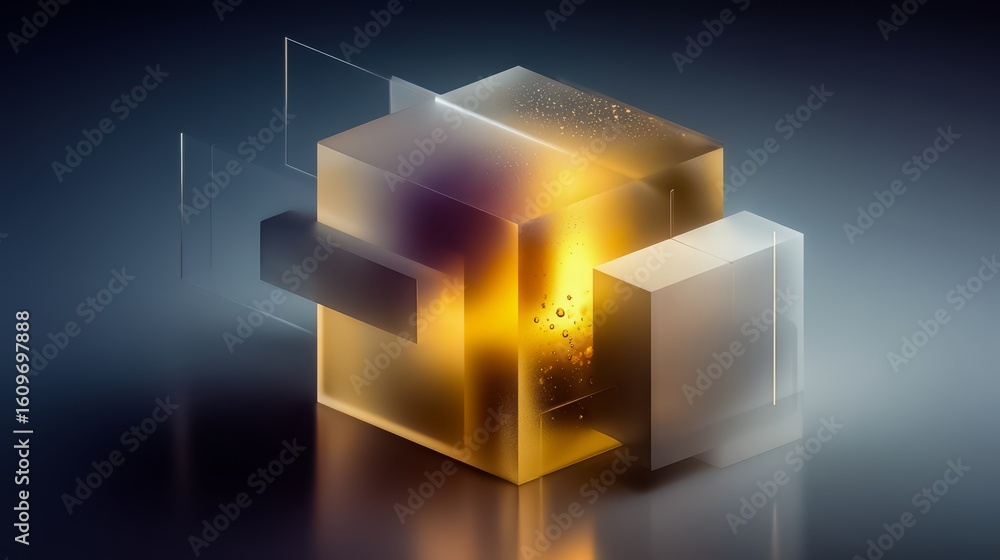Poster cube made of glass is shown with a yellow light shining on it. the cube is surrounded by other cubes