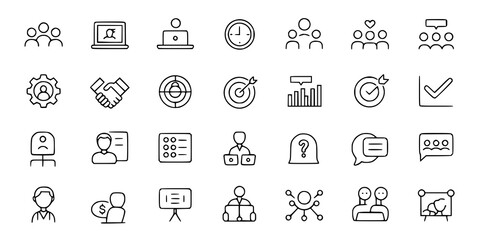Business Icons: A simple line art illustration depicts a collection of diverse business-related icons, showcasing concepts of teamwork, communication, and goal achievement.