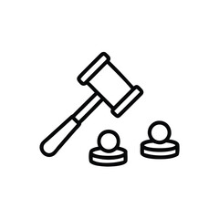 Outline auction hammer two people icons on gavel judge
