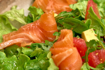 Fresh and Colorful Salad with Lush Greens, Avocado, Salmon, and Vibrant Fruits Perfect for a Healthy Meal or Refreshing Snack