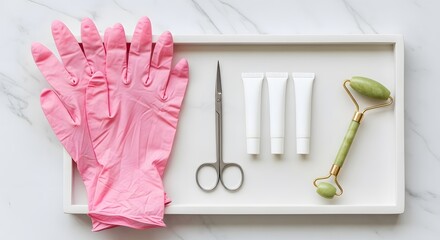 Overhead view of beauty tools on a white tray including pink gloves white cream tubes jade roller and scissors on marble surface