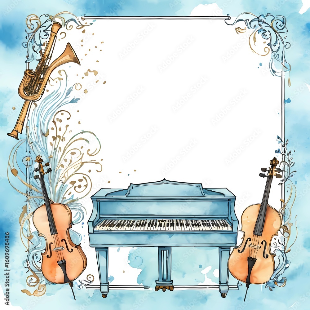 Aufkleber delicate watercolor frame with piano and string instruments for creative art projects and invitation