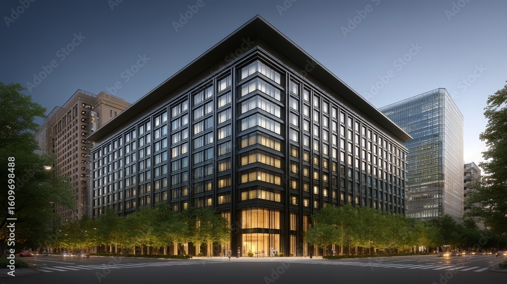 Poster large building with a lot of windows and a large glass front. the building is surrounded by trees an