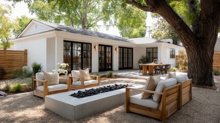 Large white house with a large tree in front of it. The house has a large patio with a fire pit and several chairs