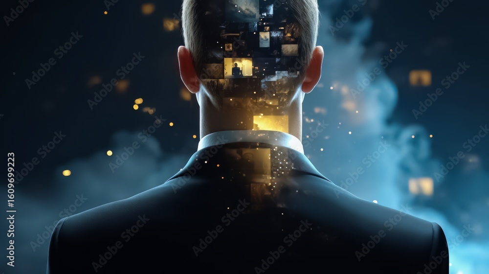 Poster man's head is made up of many different images, including a city skyline and a person. concept of co