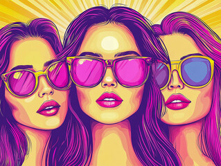 Group of young women wearing sunglasses on a yellow background. Close-up.