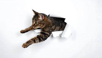 Bengal Cat Breaking Through White Paper
