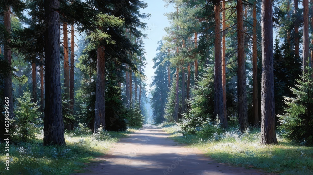 Aufkleber path through a forest with trees on either side. the path is surrounded by trees and the sky is clea