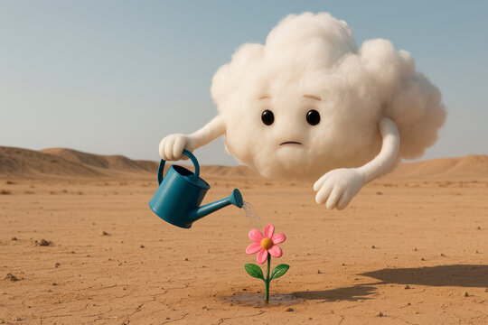 A sad cloud waters a flower in a desert area.