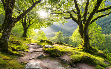 Sunlight shines through lush trees and vibrant foliage